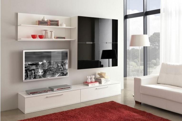 Mobilă living cu linii simple și spații de depozitare